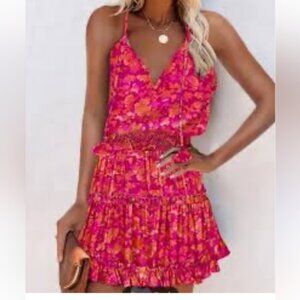 ChicMe Vibrant Floral Pink and Orange Sleeveless V-Neck Dress